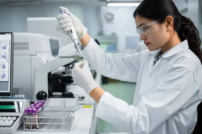 histotechnologist in a lab with test tubes histotechnologist in a lab with test tubes